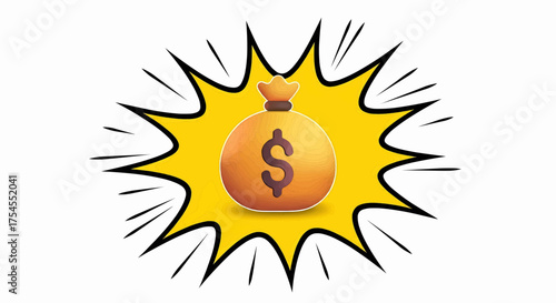 Pop art money bag illustration with a dollar sign, a financial concept of cash, wealth, profit, and earnings