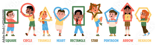 Cute preschool children cartoon character learning geometric figures with pleasure and fun set