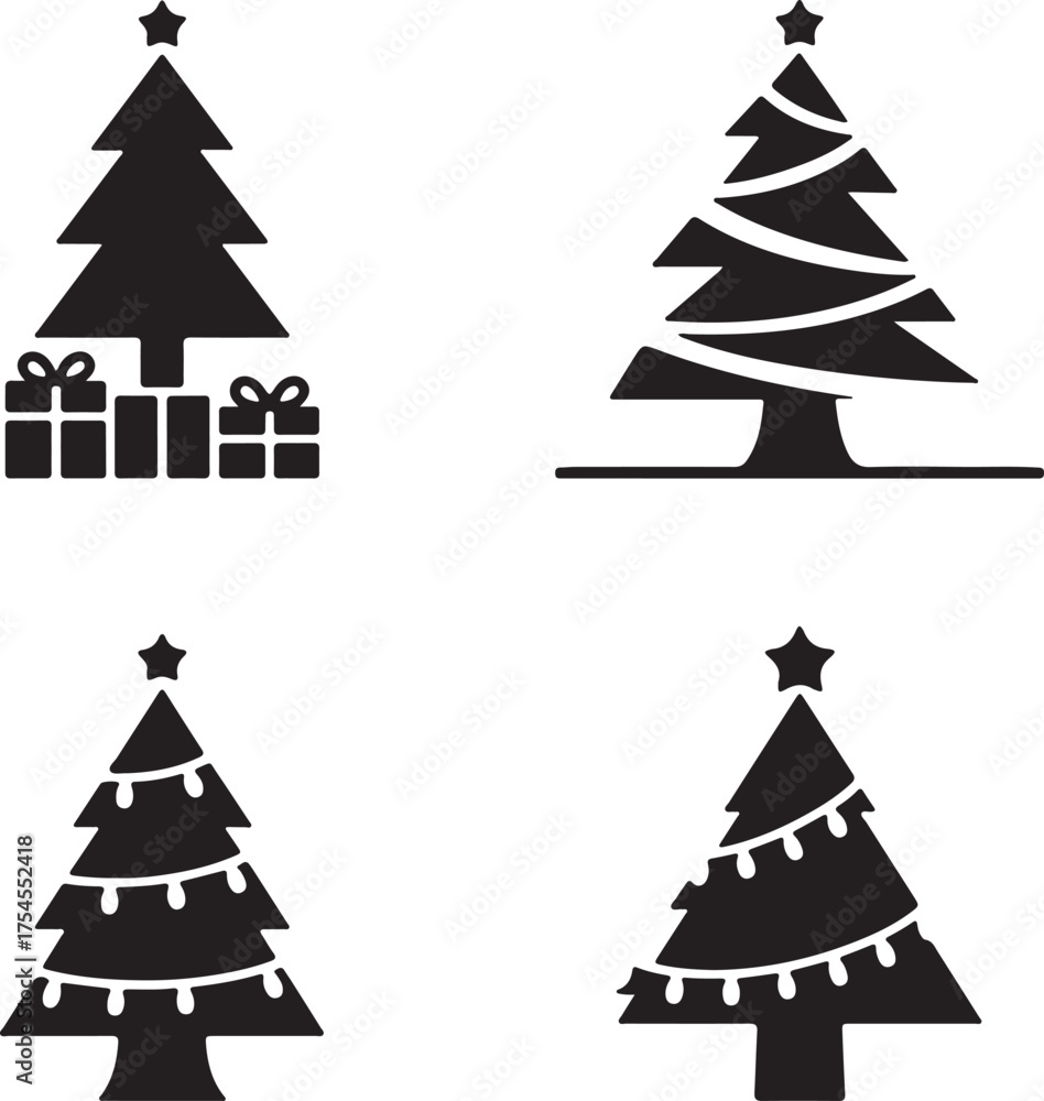 Obraz premium Assortment of Holiday Tree Shapes Design Silhouettes Black and White Graphic Element for Holiday Season Decorations and Gift Presentation