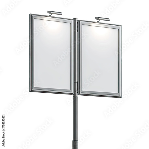 A metallic double-sided outdoor advertising billboard with a dark background and overhead lighting