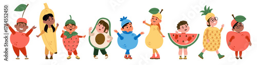 Cute children cartoon characters wearing different funny fruits and berries costumes isolated set