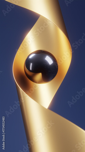 Golden ribbon twisting around black sphere on dark background, abstract 3D composition symbolizing elegance and contrast.