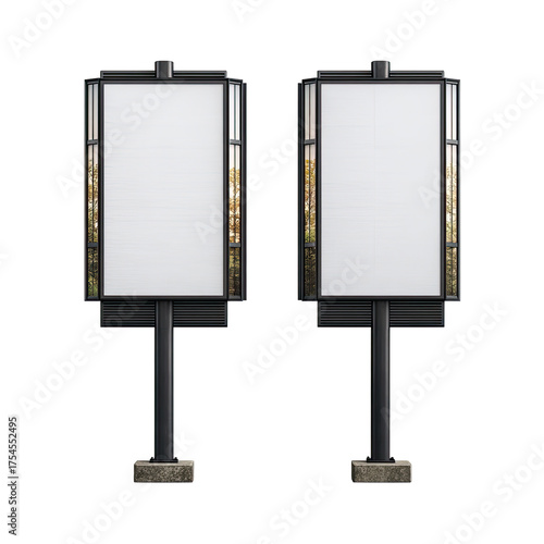 Two upright rectangular structures stand tall with white centers and black frames. Each includes a base