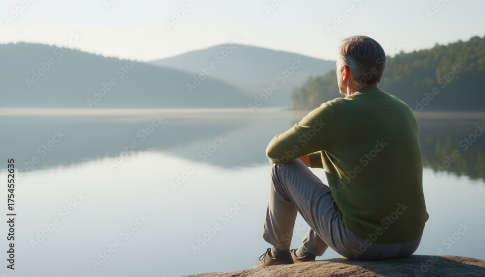 Fototapeta premium Back view of a mature man sitting on a rock looking out over a misty lake. Contemplation and solitude in a natural landscape. Retirement lifestyle concept with copy space