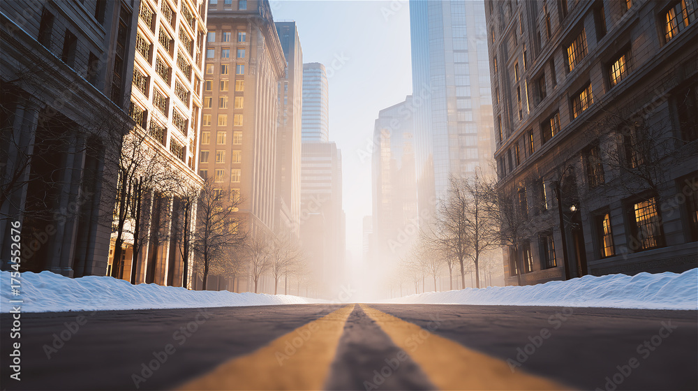 Obraz premium Empty city street at sunrise with warm light between tall buildings, concept of urban morning, calm and modern architecture.
