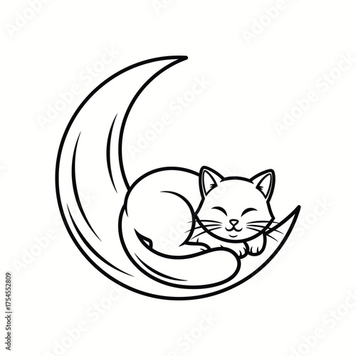 Sleeping Cat on Crescent Moon Illustration Whimsical Feline Dreamy Night Cartoon Style Design