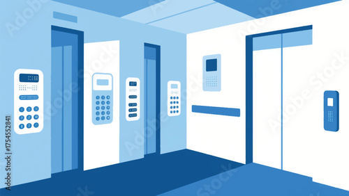 Illustration Of An Elevator Bank With Braille Buttons, Auditory Floor Announcements, And Sufficient Space For Multiple Users Vector Design Template