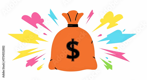 Pop art money bag with dollar sign showing cash wealth, business success, finance, profit, and earnings