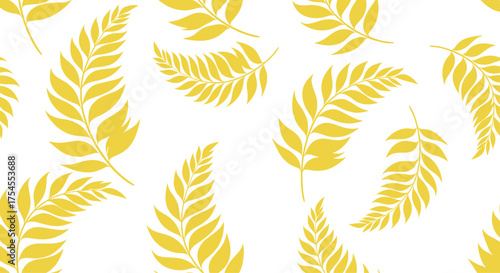 Abstract yellow fern leaves pattern on a white background.
