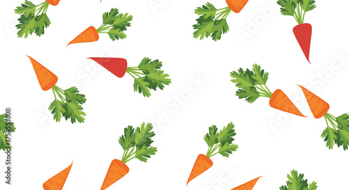 A fresh pattern of carrots and greens on a white background.
