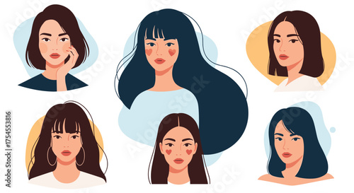 Collection of diverse female portraits in a unique artistic style.