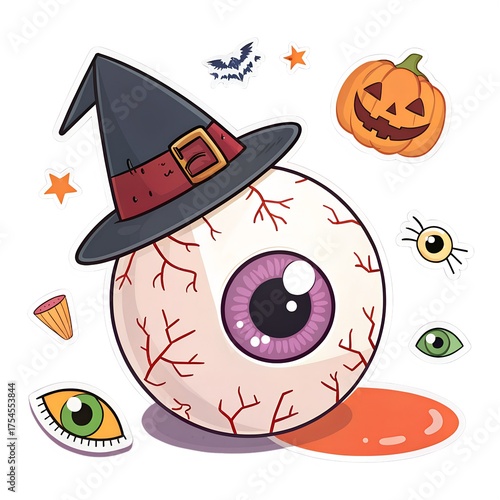 Spooky Halloween Eyeball Sticker Set with Witch Hat, Pumpkin, and Bats