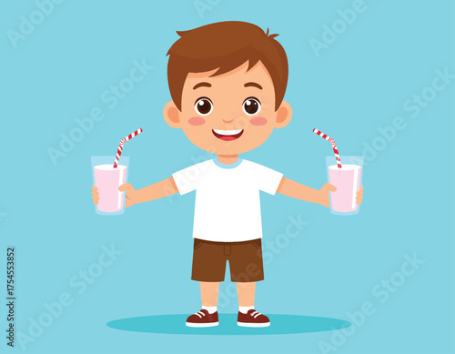 Cartoon boy smiling, holding two glasses of pink drink with striped straws against a blue background.