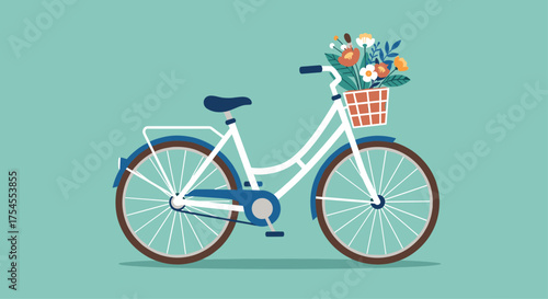 A white bicycle with a basket full of flowers on the front.