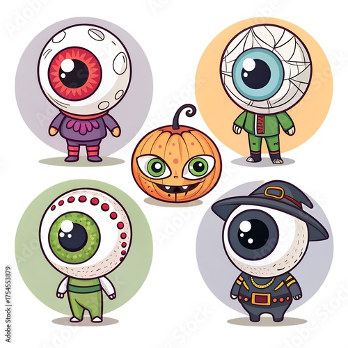 Cute Cartoon Halloween Eyeball Monsters and Jack-O'-Lantern Vector Illustration Set