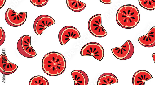 A delightful pattern of juicy red grapefruit slices on a white background.