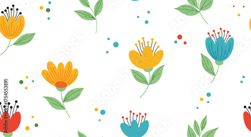 A delightful seamless pattern featuring colorful blooming flowers and scattered dots.