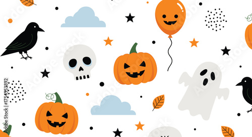 A delightful and spooky halloween pattern with pumpkins skulls and ghosts.
