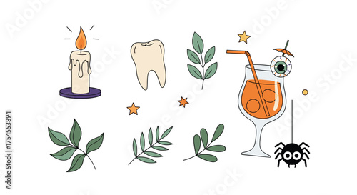 A collection of Halloween themed illustrations including a candle a tooth a drink and a spider.