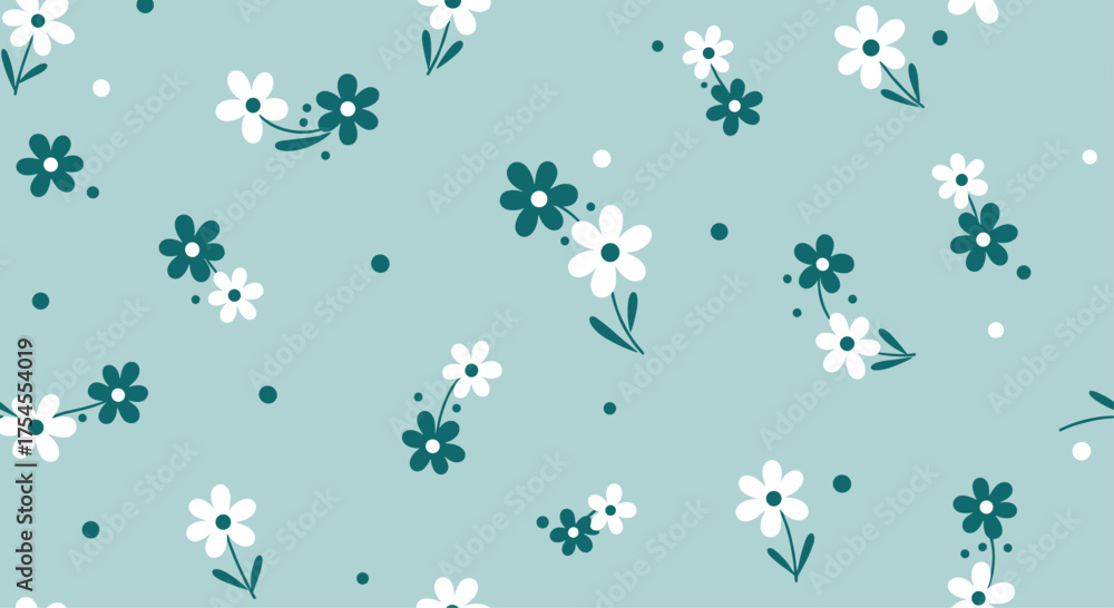 Obraz premium A charming repeating pattern of small white and teal flowers with dots scattered across a light blue background.