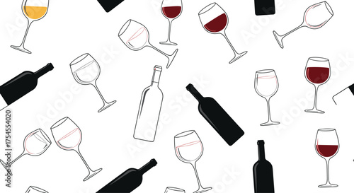 Seamless pattern of wine bottles and glasses with red and white wine.
