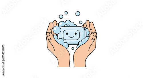 Washing hands with a happy bar of soap and bubbles.