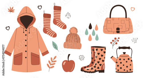 A cozy collection of autumn clothing and accessories for staying warm and dry.