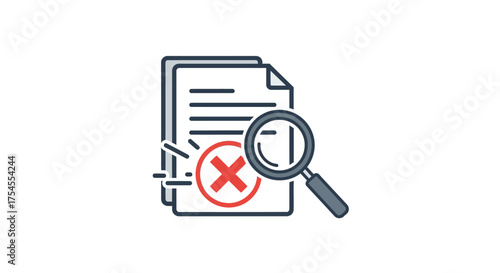Error document with magnifying glass isolated on white background for inspection