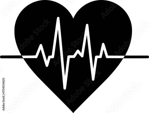 Heart beat silhouette. A black heart with an electrocardiogram line running through it symbolizing life, health, and vitality. Vector clipart black illustration design.