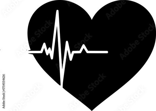 Heart beat silhouette. A black heart with an electrocardiogram line running through it symbolizing life, health, and vitality. Vector clipart black illustration design.