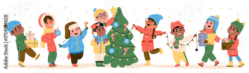Kids decorating Christmas tree, carrying gift boxes rejoicing winter holiday spirit and preparations