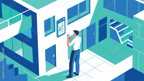 Illustration Of An Employee Navigating A Building Using A Wayfinding App With Audio Directions And Visual Maps Vector Design Template