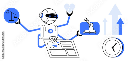Robot managing tasks, holding scales of justice, controlling automation, time clock, heart, data interface. Ideal for AI, technology, innovation multitasking ethics productivity automation
