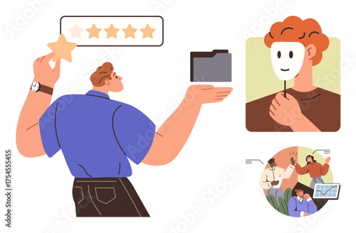 Person awarding star for service, holding file folder, mask symbolizing identity and collaboration scene. Ideal for service evaluation, teamwork, identity, user feedback, leadership, personal growth