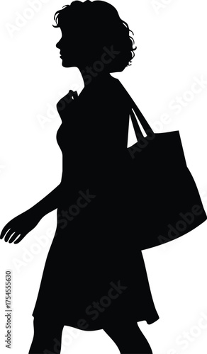 Silhouette of a woman walking with a large tote bag slung over her shoulder, depicted in profile against a white background.
