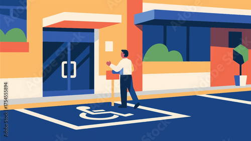 Illustration Of An Employee Using An Accessible Parking Spot Near The Building Entrance Vector Design Template
