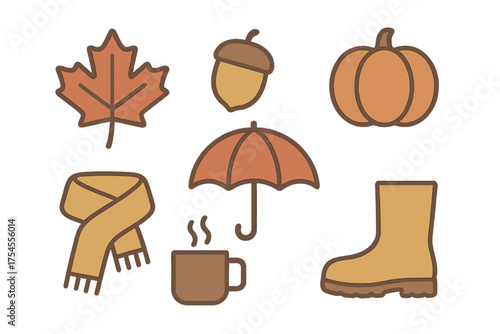 Cozy autumn season elements set with maple leaf, pumpkin, umbrella, and rain boot