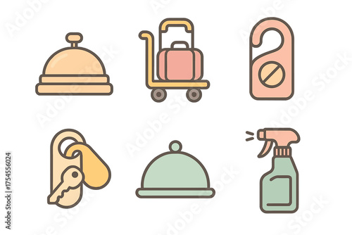 Six pastel-colored hotel service and hospitality icons including bell, luggage, and cleaning spray