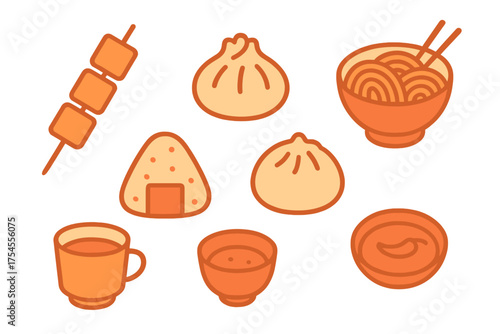 Popular Asian cuisine items set including dumplings noodles rice ball and skewer symbols