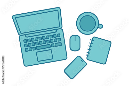 Minimalist workspace flat lay with laptop, smartphone, mouse, and coffee mug