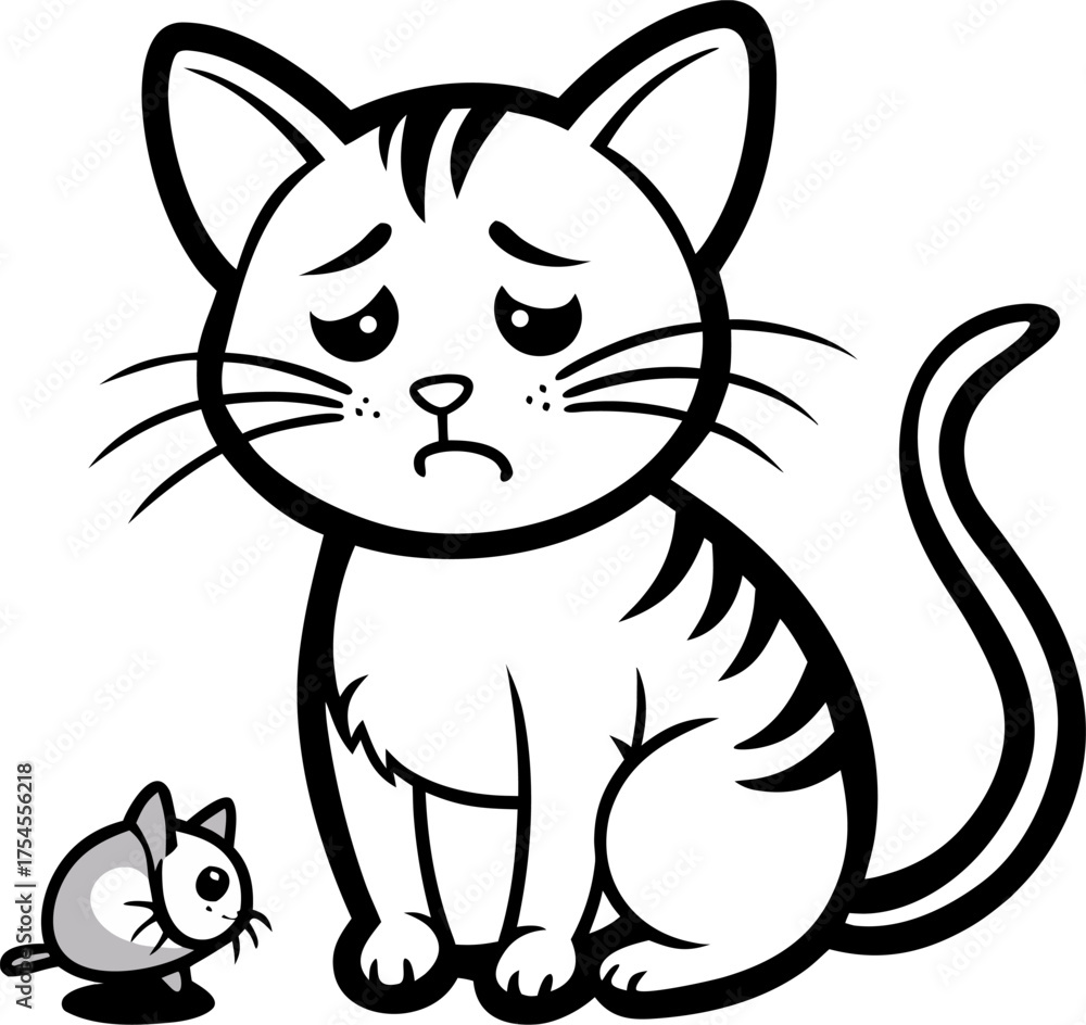 Obraz premium Cat crying with broken toy mouse, Vector line art icon, Black And White white background 