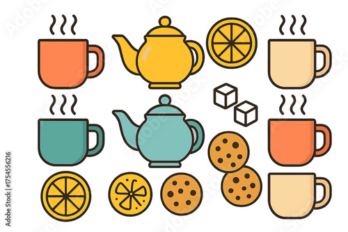Colorful collection of hot beverage items including teapots, steaming mugs, cookies, and lemon slices