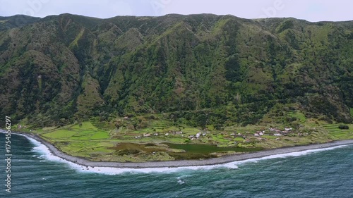 Aerial View of Fajã dos cubres and da Caldeira de Santo Cristo, São Jorge Island, Azores
