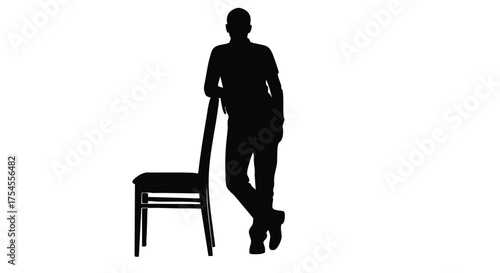 Silhouette of a man leaning casually against a chair, isolated on a white background.