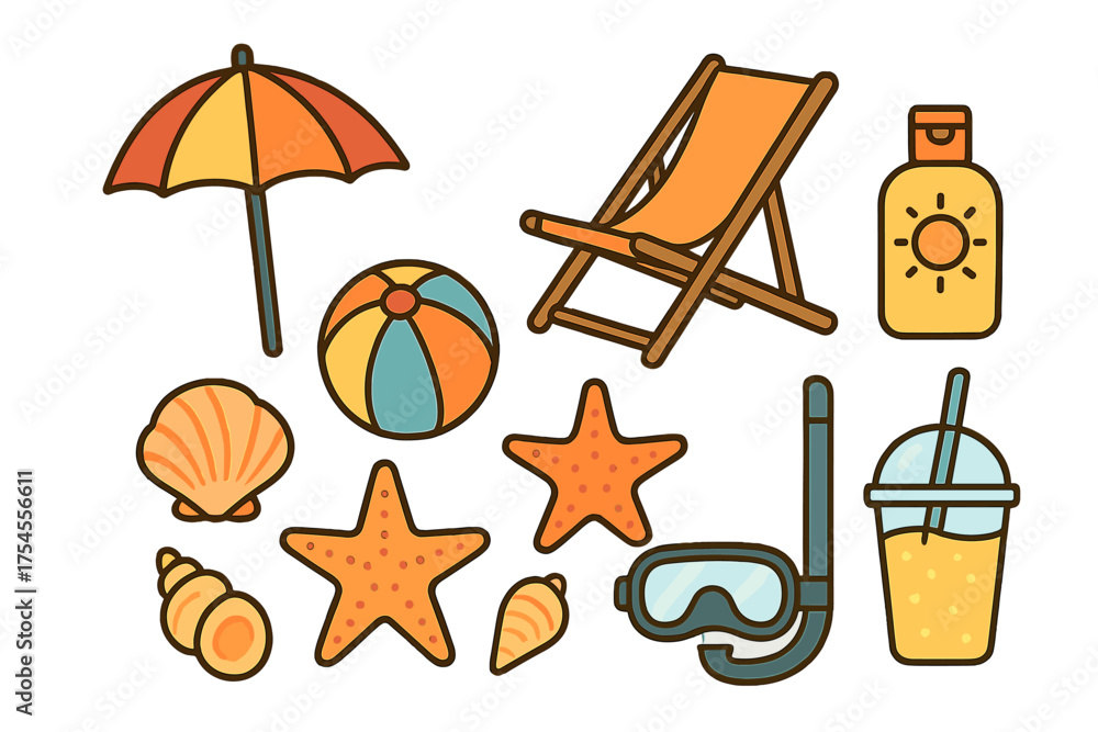 Fototapeta premium Colorful summer beach vacation objects set including umbrella, deck chair, sunscreen, starfish, and snorkel gear