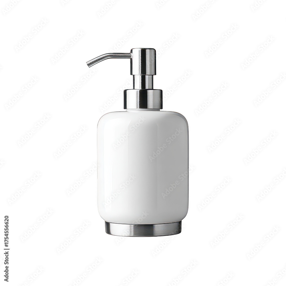 Obraz premium Elegant White Soap Dispenser with Silver Pump for Bathroom Decor isolated on transparent background.
