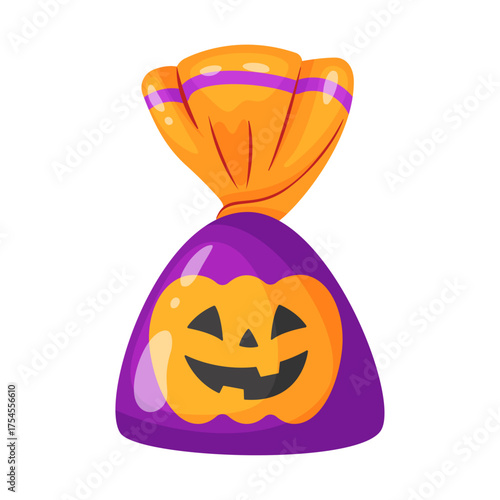 Halloween candy jack o lantern in bright wrapping. flat vector style. festive decorative candy. Halloween, spooky holiday. trick or treat night. for party invitation, poster, greeting card, sticker.