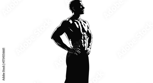 Silhouette of a muscular man with defined abs standing with hands on hips against a white background, showcasing physique.