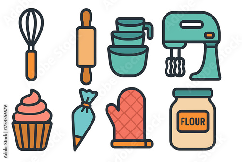 Baking tools and equipment set including whisk rolling pin mixer oven mitt and flour jar