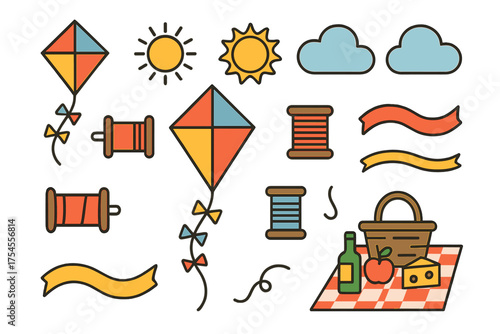 Colorful outdoor activity elements set including kites, sun, clouds, and picnic food items